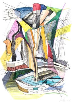 Harbour, 29,7 x 21 cm, pen, brush pen and color pencil on paper, 2024. Skitsehandlen, www.skitsehandlen.dk