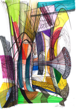 Infiltrator, 29,7 x 21 cm, pencil, pen, brush pen and color pencil on paper, 2023. Skitsehandlen, www.skitsehandlen.dk